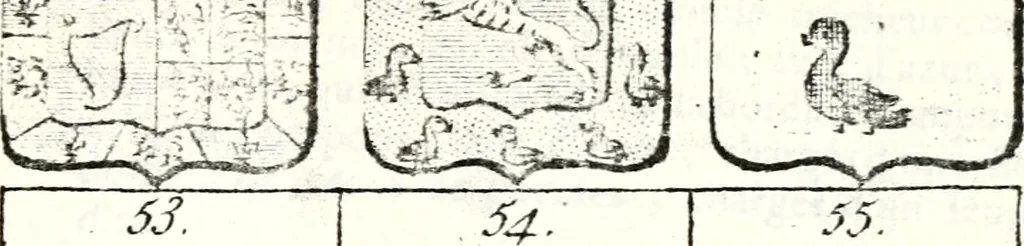 An illustration from Armorial des principales maisons et familles du royaume, particulierement des celles de Paris et de l'Isle de France : contenant les armes des princes, seigneurs, grands officiers de la couronne & de la maison du roi, celles des cours souveraines, &c. avec l'explication de tous les blasons, 1757, leaf 566