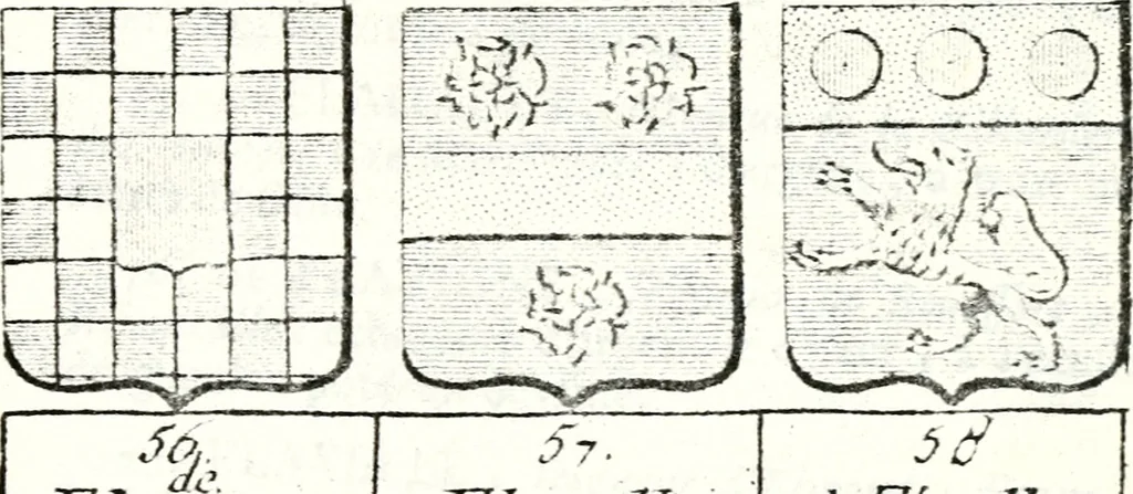 An illustration from Armorial des principales maisons et familles du royaume, particulierement des celles de Paris et de l'Isle de France : contenant les armes des princes, seigneurs, grands officiers de la couronne & de la maison du roi, celles des cours souveraines, &c. avec l'explication de tous les blasons, 1757, leaf 566