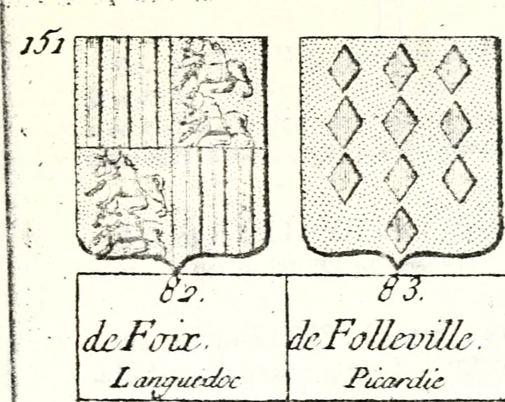 An illustration from Armorial des principales maisons et familles du royaume, particulierement des celles de Paris et de l'Isle de France : contenant les armes des princes, seigneurs, grands officiers de la couronne & de la maison du roi, celles des cours souveraines, &c. avec l'explication de tous les blasons, 1757, leaf 570