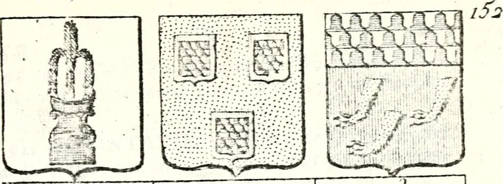 An illustration from Armorial des principales maisons et familles du royaume, particulierement des celles de Paris et de l'Isle de France : contenant les armes des princes, seigneurs, grands officiers de la couronne & de la maison du roi, celles des cours souveraines, &c. avec l'explication de tous les blasons, 1757, leaf 574