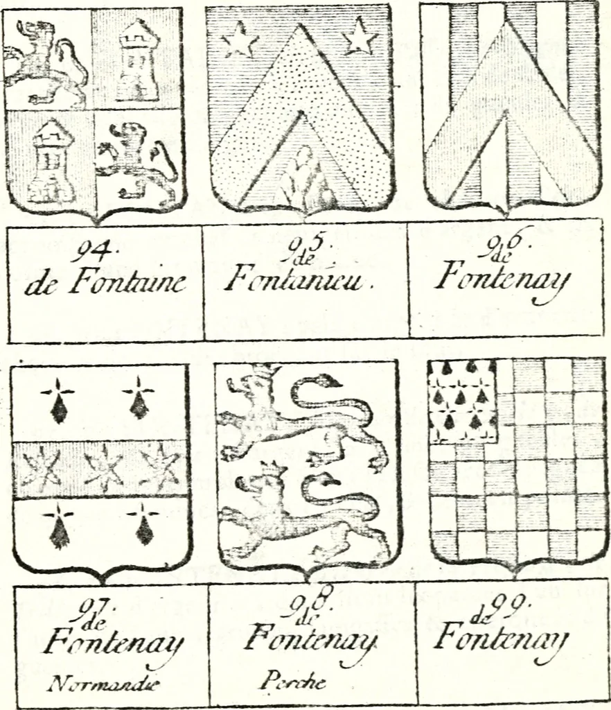 An illustration from Armorial des principales maisons et familles du royaume, particulierement des celles de Paris et de l'Isle de France : contenant les armes des princes, seigneurs, grands officiers de la couronne & de la maison du roi, celles des cours souveraines, &c. avec l'explication de tous les blasons, 1757, leaf 574
