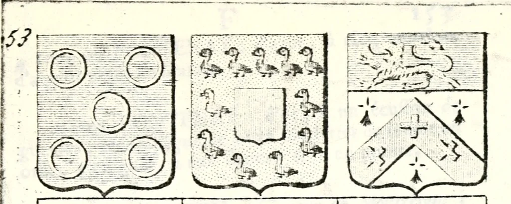 An illustration from Armorial des principales maisons et familles du royaume, particulierement des celles de Paris et de l'Isle de France : contenant les armes des princes, seigneurs, grands officiers de la couronne & de la maison du roi, celles des cours souveraines, &c. avec l'explication de tous les blasons, 1757, leaf 578