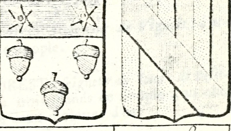An illustration from Armorial des principales maisons et familles du royaume, particulierement des celles de Paris et de l'Isle de France : contenant les armes des princes, seigneurs, grands officiers de la couronne & de la maison du roi, celles des cours souveraines, &c. avec l'explication de tous les blasons, 1757, leaf 578