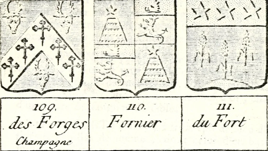 An illustration from Armorial des principales maisons et familles du royaume, particulierement des celles de Paris et de l'Isle de France : contenant les armes des princes, seigneurs, grands officiers de la couronne & de la maison du roi, celles des cours souveraines, &c. avec l'explication de tous les blasons, 1757, leaf 582
