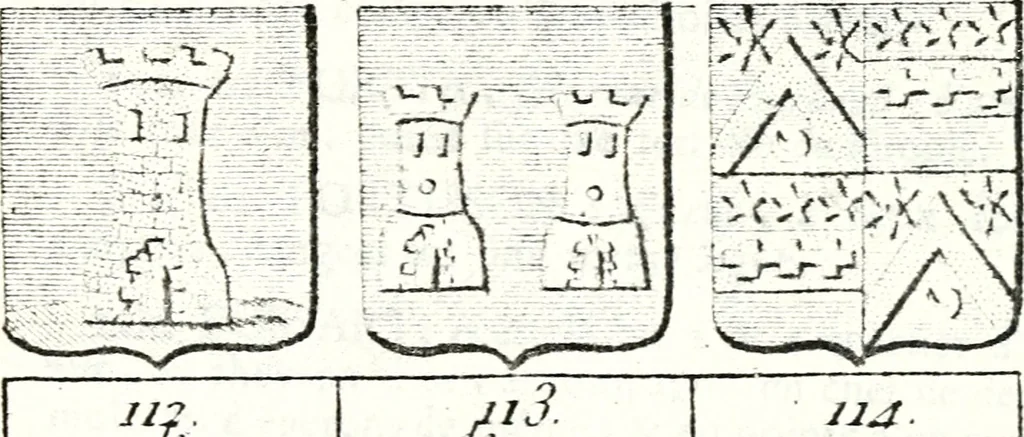 An illustration from Armorial des principales maisons et familles du royaume, particulierement des celles de Paris et de l'Isle de France : contenant les armes des princes, seigneurs, grands officiers de la couronne & de la maison du roi, celles des cours souveraines, &c. avec l'explication de tous les blasons, 1757, leaf 582