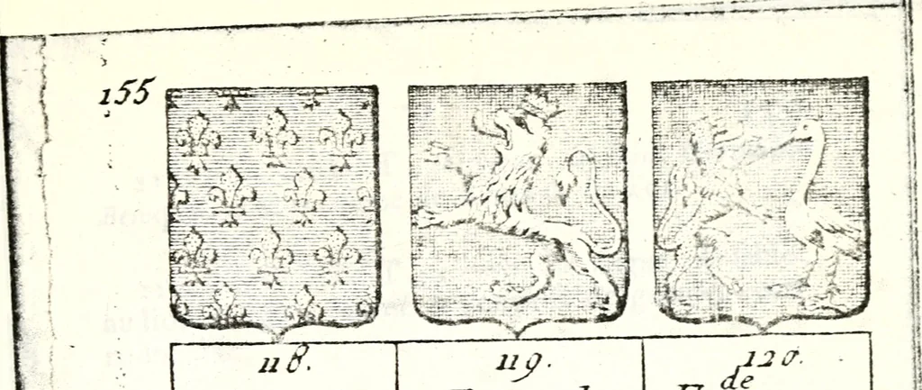 An illustration from Armorial des principales maisons et familles du royaume, particulierement des celles de Paris et de l'Isle de France : contenant les armes des princes, seigneurs, grands officiers de la couronne & de la maison du roi, celles des cours souveraines, &c. avec l'explication de tous les blasons, 1757, leaf 586