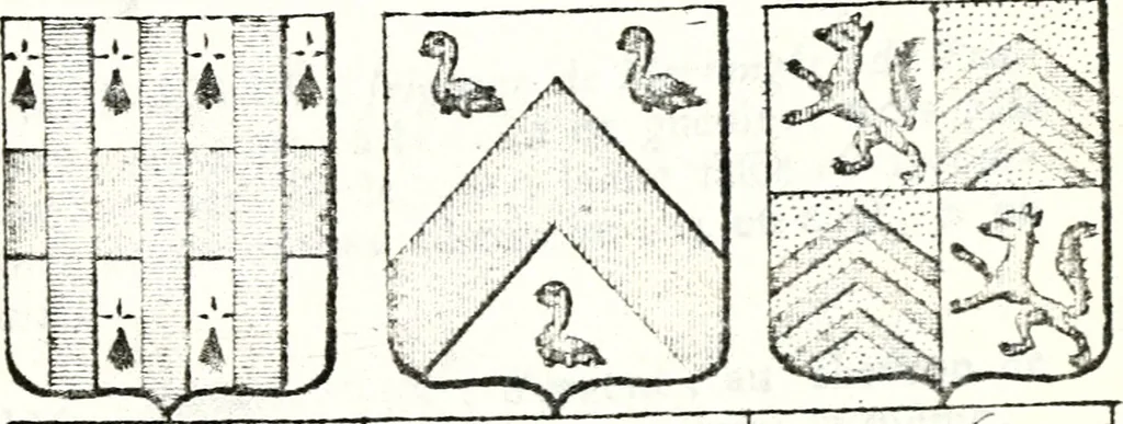An illustration from Armorial des principales maisons et familles du royaume, particulierement des celles de Paris et de l'Isle de France : contenant les armes des princes, seigneurs, grands officiers de la couronne & de la maison du roi, celles des cours souveraines, &c. avec l'explication de tous les blasons, 1757, leaf 586