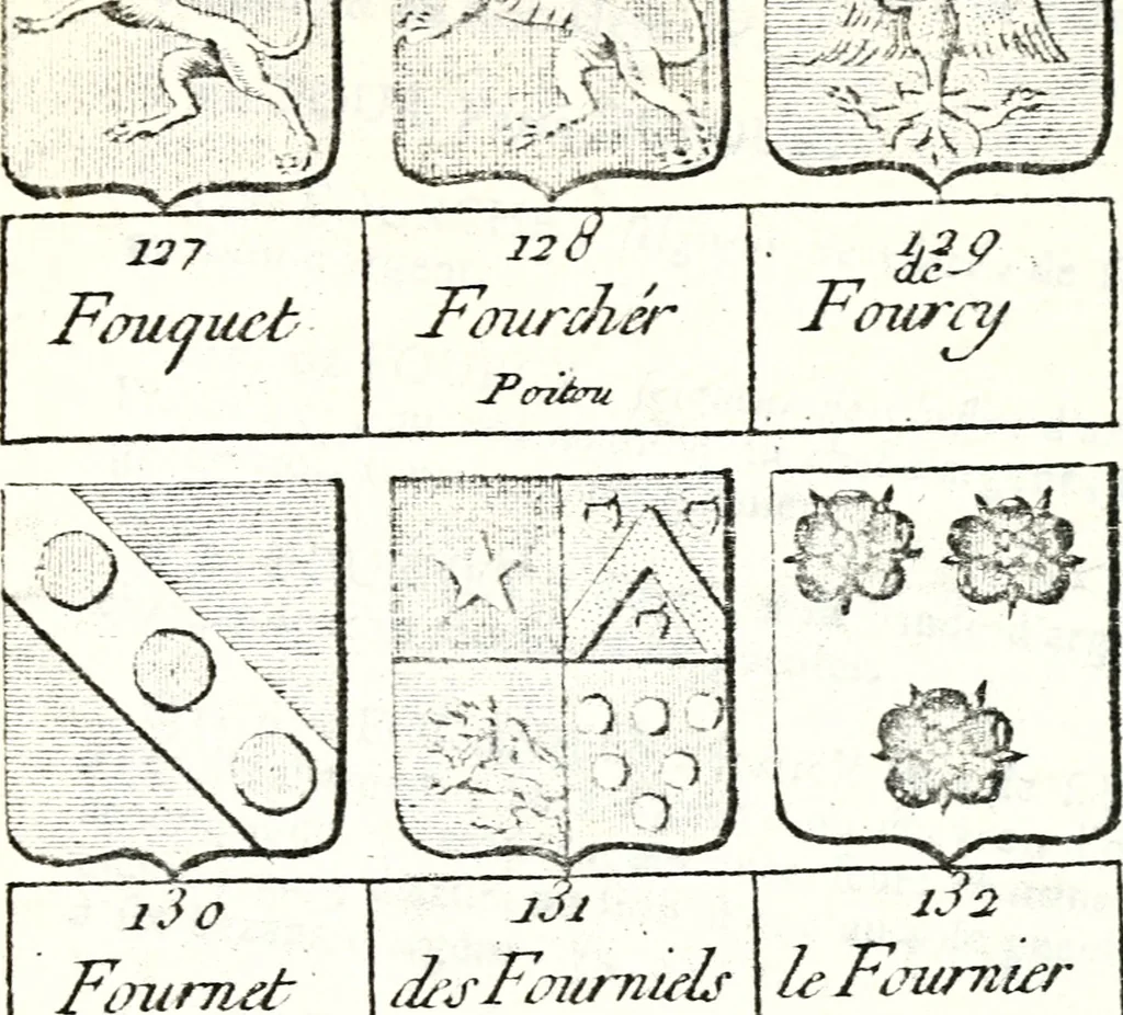 An illustration from Armorial des principales maisons et familles du royaume, particulierement des celles de Paris et de l'Isle de France : contenant les armes des princes, seigneurs, grands officiers de la couronne & de la maison du roi, celles des cours souveraines, &c. avec l'explication de tous les blasons, 1757, leaf 590