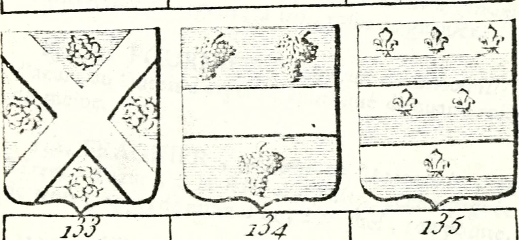 An illustration from Armorial des principales maisons et familles du royaume, particulierement des celles de Paris et de l'Isle de France : contenant les armes des princes, seigneurs, grands officiers de la couronne & de la maison du roi, celles des cours souveraines, &c. avec l'explication de tous les blasons, 1757, leaf 590