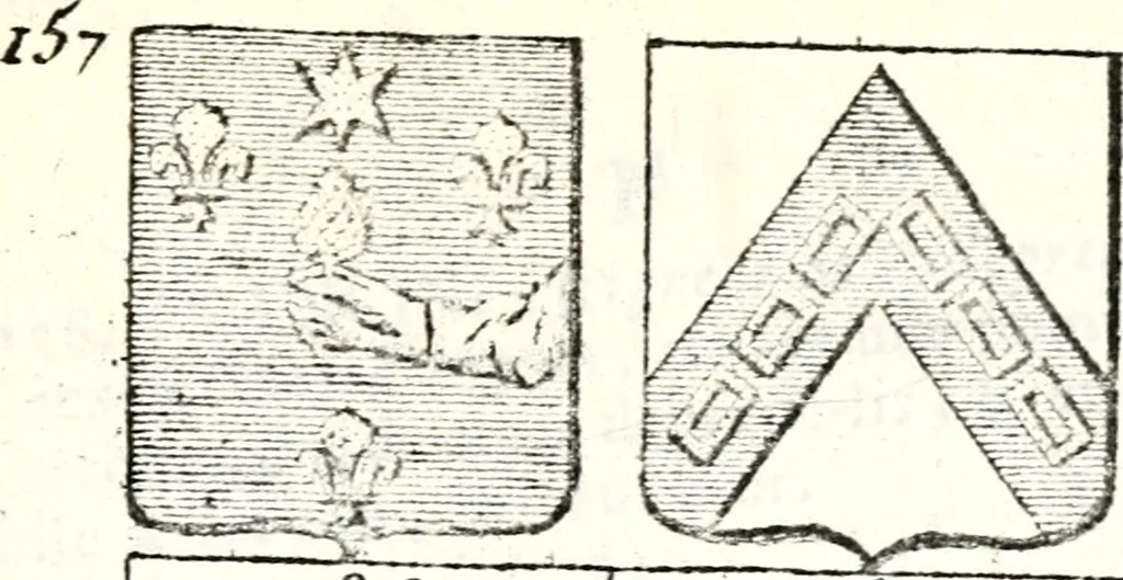 An illustration from Armorial des principales maisons et familles du royaume, particulierement des celles de Paris et de l'Isle de France : contenant les armes des princes, seigneurs, grands officiers de la couronne & de la maison du roi, celles des cours souveraines, &c. avec l'explication de tous les blasons, 1757, leaf 594