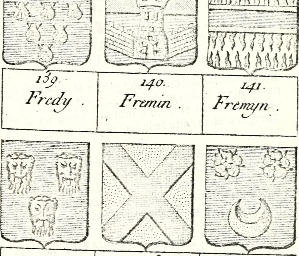 An illustration from Armorial des principales maisons et familles du royaume, particulierement des celles de Paris et de l'Isle de France : contenant les armes des princes, seigneurs, grands officiers de la couronne & de la maison du roi, celles des cours souveraines, &c. avec l'explication de tous les blasons, 1757, leaf 594