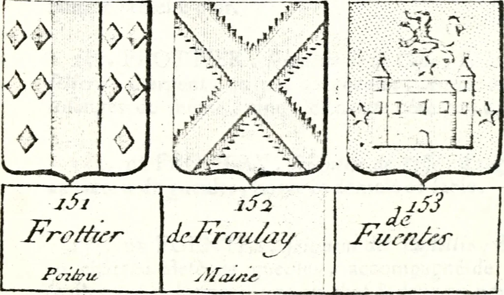An illustration from Armorial des principales maisons et familles du royaume, particulierement des celles de Paris et de l'Isle de France : contenant les armes des princes, seigneurs, grands officiers de la couronne & de la maison du roi, celles des cours souveraines, &c. avec l'explication de tous les blasons, 1757, leaf 598
