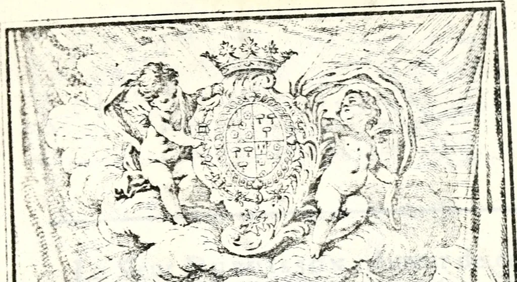 An illustration from Armorial des principales maisons et familles du royaume, particulierement des celles de Paris et de l'Isle de France : contenant les armes des princes, seigneurs, grands officiers de la couronne & de la maison du roi, celles des cours souveraines, &c. avec l'explication de tous les blasons, 1757, leaf 6