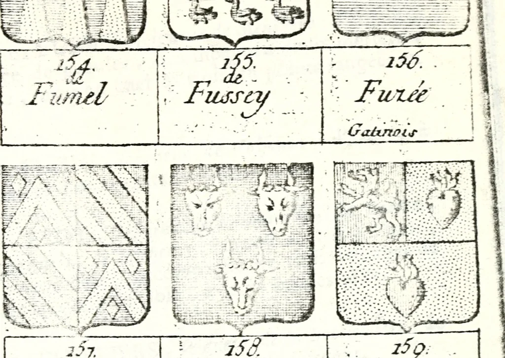 An illustration from Armorial des principales maisons et familles du royaume, particulierement des celles de Paris et de l'Isle de France : contenant les armes des princes, seigneurs, grands officiers de la couronne & de la maison du roi, celles des cours souveraines, &c. avec l'explication de tous les blasons, 1757, leaf 602
