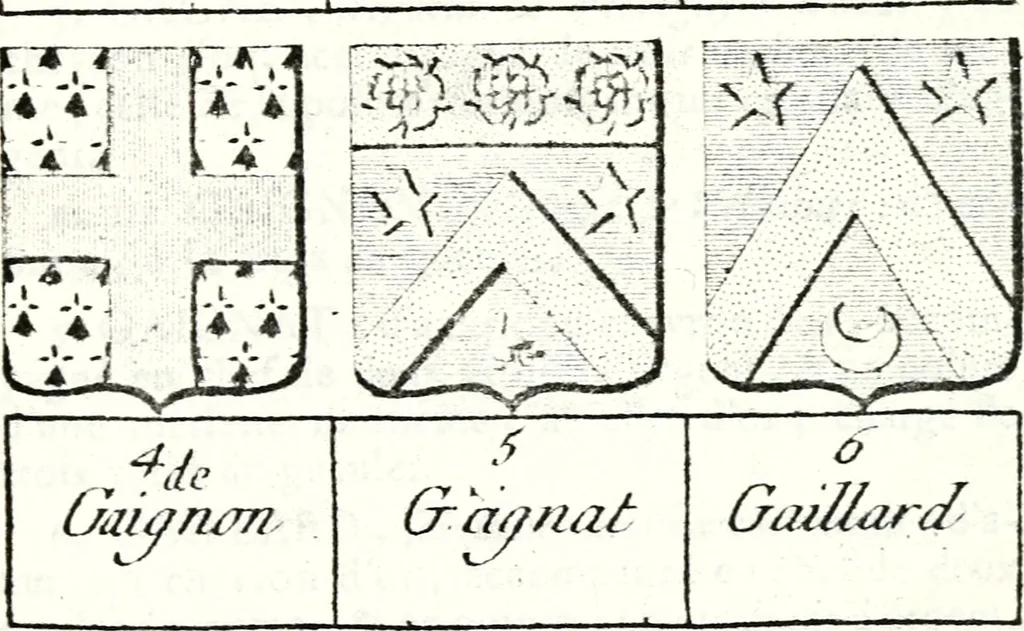 An illustration from Armorial des principales maisons et familles du royaume, particulierement des celles de Paris et de l'Isle de France : contenant les armes des princes, seigneurs, grands officiers de la couronne & de la maison du roi, celles des cours souveraines, &c. avec l'explication de tous les blasons, 1757, leaf 606