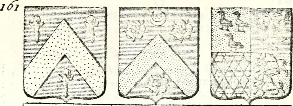 An illustration from Armorial des principales maisons et familles du royaume, particulierement des celles de Paris et de l'Isle de France : contenant les armes des princes, seigneurs, grands officiers de la couronne & de la maison du roi, celles des cours souveraines, &c. avec l'explication de tous les blasons, 1757, leaf 610