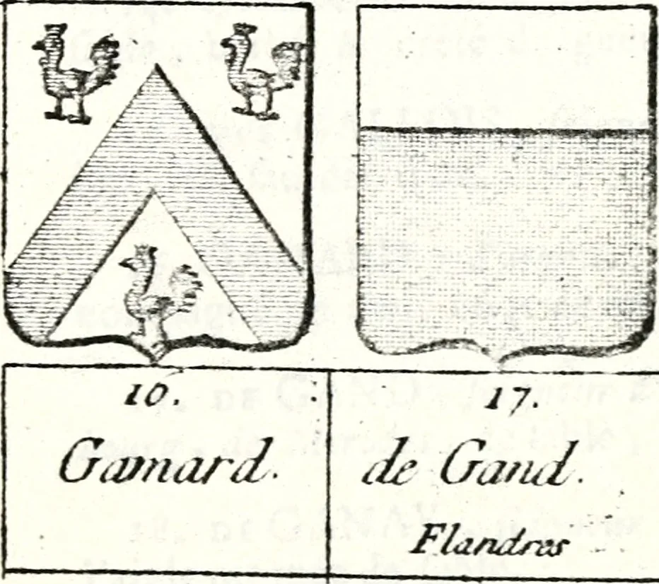 An illustration from Armorial des principales maisons et familles du royaume, particulierement des celles de Paris et de l'Isle de France : contenant les armes des princes, seigneurs, grands officiers de la couronne & de la maison du roi, celles des cours souveraines, &c. avec l'explication de tous les blasons, 1757, leaf 610