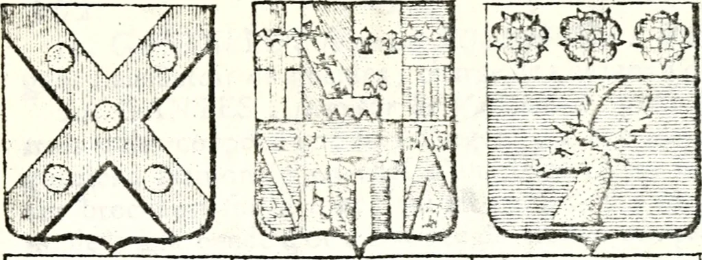 An illustration from Armorial des principales maisons et familles du royaume, particulierement des celles de Paris et de l'Isle de France : contenant les armes des princes, seigneurs, grands officiers de la couronne & de la maison du roi, celles des cours souveraines, &c. avec l'explication de tous les blasons, 1757, leaf 614