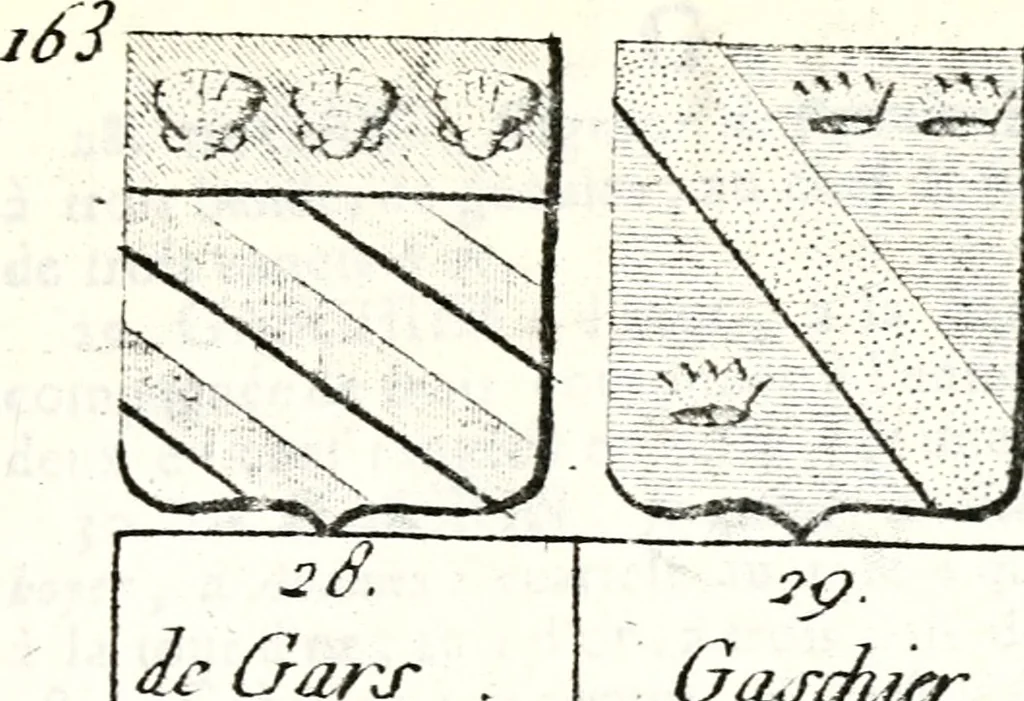 An illustration from Armorial des principales maisons et familles du royaume, particulierement des celles de Paris et de l'Isle de France : contenant les armes des princes, seigneurs, grands officiers de la couronne & de la maison du roi, celles des cours souveraines, &c. avec l'explication de tous les blasons, 1757, leaf 618