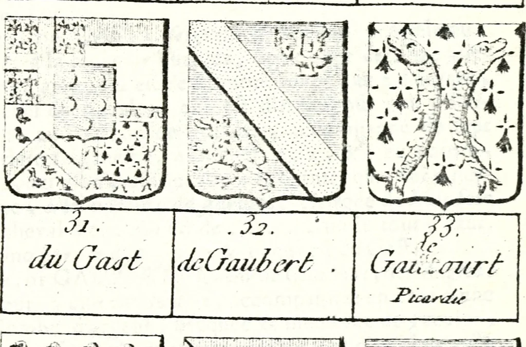 An illustration from Armorial des principales maisons et familles du royaume, particulierement des celles de Paris et de l'Isle de France : contenant les armes des princes, seigneurs, grands officiers de la couronne & de la maison du roi, celles des cours souveraines, &c. avec l'explication de tous les blasons, 1757, leaf 618