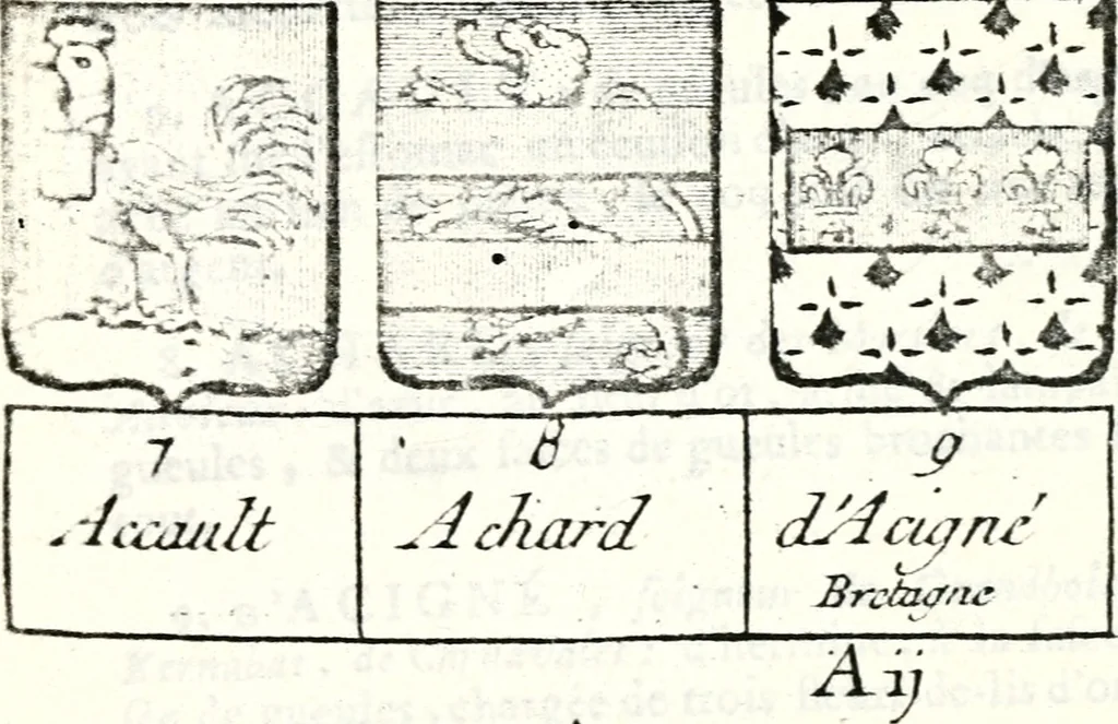 An illustration from Armorial des principales maisons et familles du royaume, particulierement des celles de Paris et de l'Isle de France : contenant les armes des princes, seigneurs, grands officiers de la couronne & de la maison du roi, celles des cours souveraines, &c. avec l'explication de tous les blasons, 1757, leaf 62