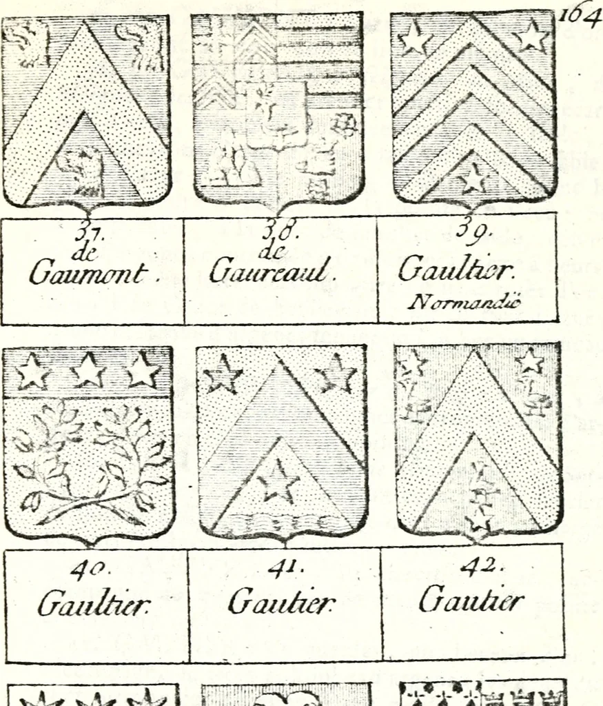 An illustration from Armorial des principales maisons et familles du royaume, particulierement des celles de Paris et de l'Isle de France : contenant les armes des princes, seigneurs, grands officiers de la couronne & de la maison du roi, celles des cours souveraines, &c. avec l'explication de tous les blasons, 1757, leaf 622