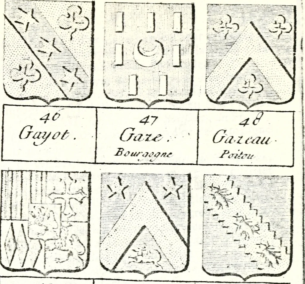 An illustration from Armorial des principales maisons et familles du royaume, particulierement des celles de Paris et de l'Isle de France : contenant les armes des princes, seigneurs, grands officiers de la couronne & de la maison du roi, celles des cours souveraines, &c. avec l'explication de tous les blasons, 1757, leaf 626