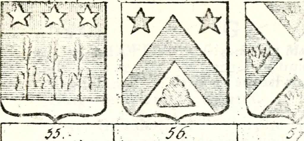 An illustration from Armorial des principales maisons et familles du royaume, particulierement des celles de Paris et de l'Isle de France : contenant les armes des princes, seigneurs, grands officiers de la couronne & de la maison du roi, celles des cours souveraines, &c. avec l'explication de tous les blasons, 1757, leaf 630