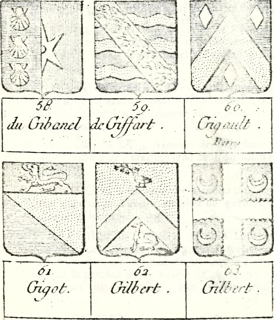 An illustration from Armorial des principales maisons et familles du royaume, particulierement des celles de Paris et de l'Isle de France : contenant les armes des princes, seigneurs, grands officiers de la couronne & de la maison du roi, celles des cours souveraines, &c. avec l'explication de tous les blasons, 1757, leaf 630