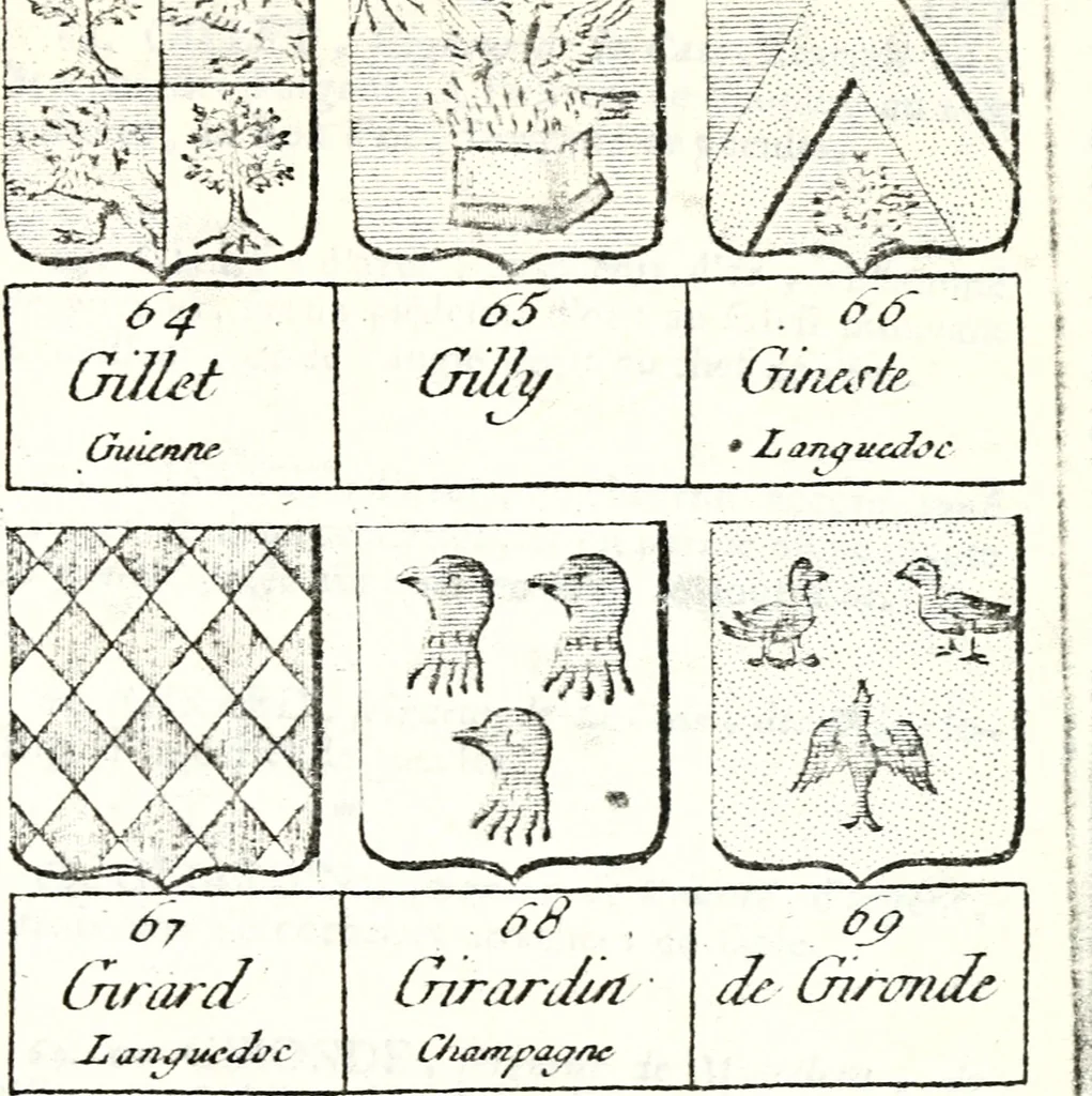 An illustration from Armorial des principales maisons et familles du royaume, particulierement des celles de Paris et de l'Isle de France : contenant les armes des princes, seigneurs, grands officiers de la couronne & de la maison du roi, celles des cours souveraines, &c. avec l'explication de tous les blasons, 1757, leaf 634