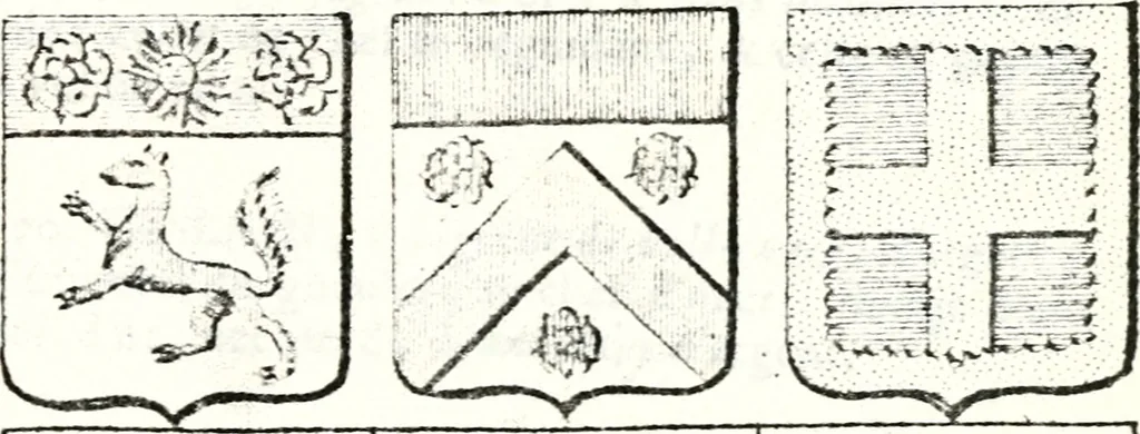 An illustration from Armorial des principales maisons et familles du royaume, particulierement des celles de Paris et de l'Isle de France : contenant les armes des princes, seigneurs, grands officiers de la couronne & de la maison du roi, celles des cours souveraines, &c. avec l'explication de tous les blasons, 1757, leaf 634