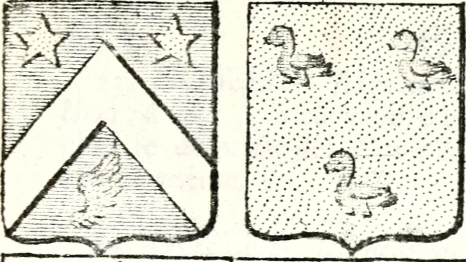 An illustration from Armorial des principales maisons et familles du royaume, particulierement des celles de Paris et de l'Isle de France : contenant les armes des princes, seigneurs, grands officiers de la couronne & de la maison du roi, celles des cours souveraines, &c. avec l'explication de tous les blasons, 1757, leaf 638