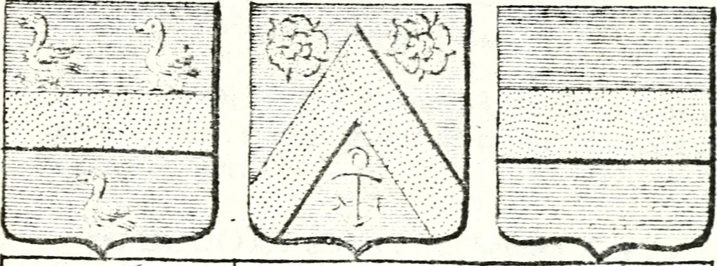An illustration from Armorial des principales maisons et familles du royaume, particulierement des celles de Paris et de l'Isle de France : contenant les armes des princes, seigneurs, grands officiers de la couronne & de la maison du roi, celles des cours souveraines, &c. avec l'explication de tous les blasons, 1757, leaf 638