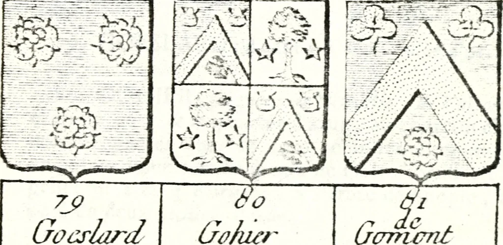 An illustration from Armorial des principales maisons et familles du royaume, particulierement des celles de Paris et de l'Isle de France : contenant les armes des princes, seigneurs, grands officiers de la couronne & de la maison du roi, celles des cours souveraines, &c. avec l'explication de tous les blasons, 1757, leaf 638