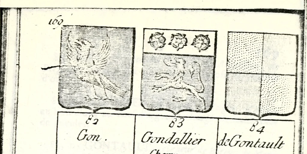 An illustration from Armorial des principales maisons et familles du royaume, particulierement des celles de Paris et de l'Isle de France : contenant les armes des princes, seigneurs, grands officiers de la couronne & de la maison du roi, celles des cours souveraines, &c. avec l'explication de tous les blasons, 1757, leaf 642