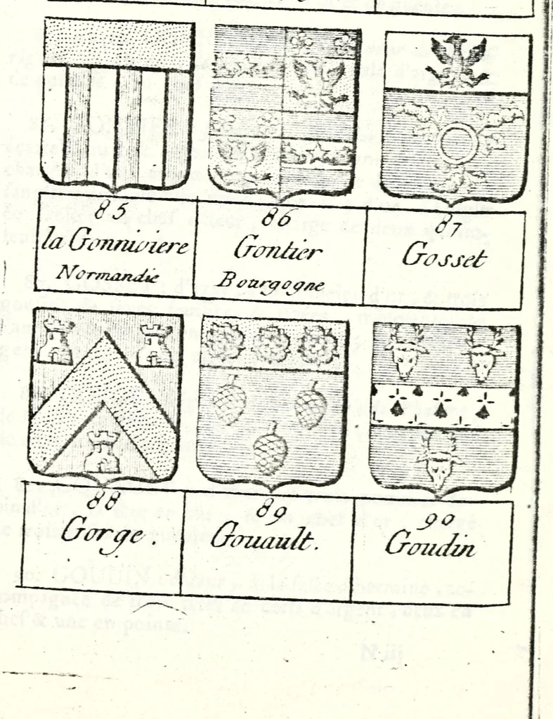 An illustration from Armorial des principales maisons et familles du royaume, particulierement des celles de Paris et de l'Isle de France : contenant les armes des princes, seigneurs, grands officiers de la couronne & de la maison du roi, celles des cours souveraines, &c. avec l'explication de tous les blasons, 1757, leaf 642