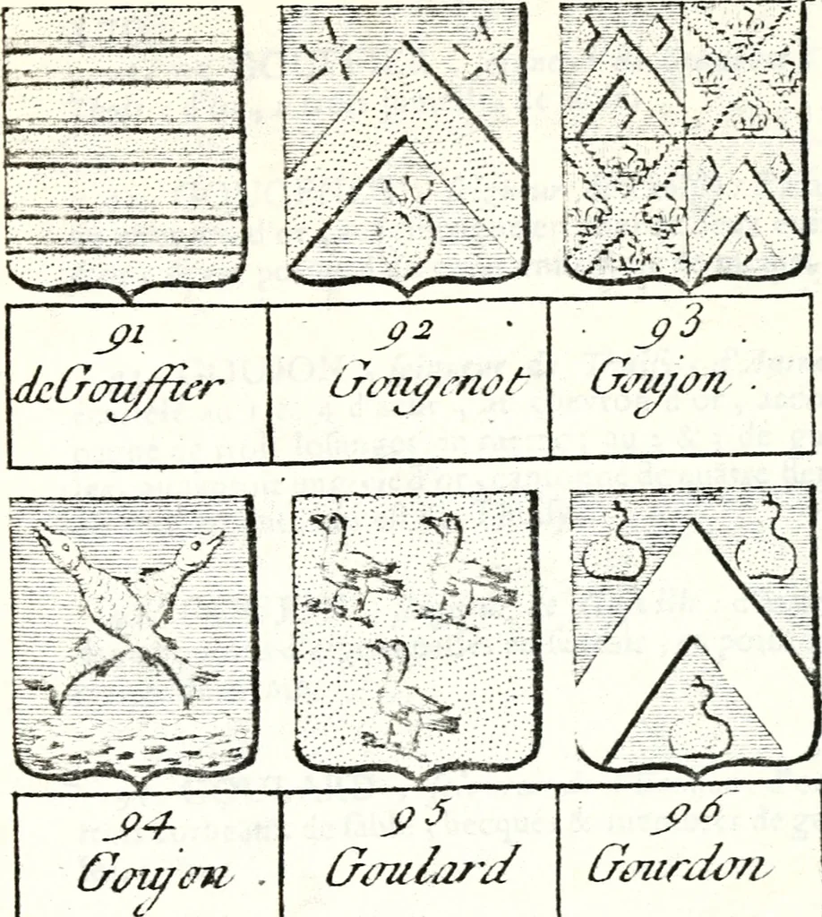 An illustration from Armorial des principales maisons et familles du royaume, particulierement des celles de Paris et de l'Isle de France : contenant les armes des princes, seigneurs, grands officiers de la couronne & de la maison du roi, celles des cours souveraines, &c. avec l'explication de tous les blasons, 1757, leaf 646