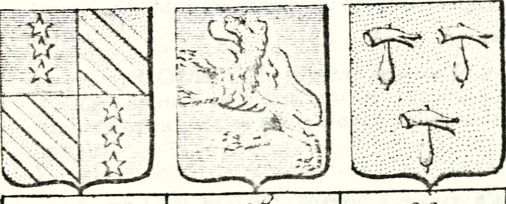 An illustration from Armorial des principales maisons et familles du royaume, particulierement des celles de Paris et de l'Isle de France : contenant les armes des princes, seigneurs, grands officiers de la couronne & de la maison du roi, celles des cours souveraines, &c. avec l'explication de tous les blasons, 1757, leaf 646