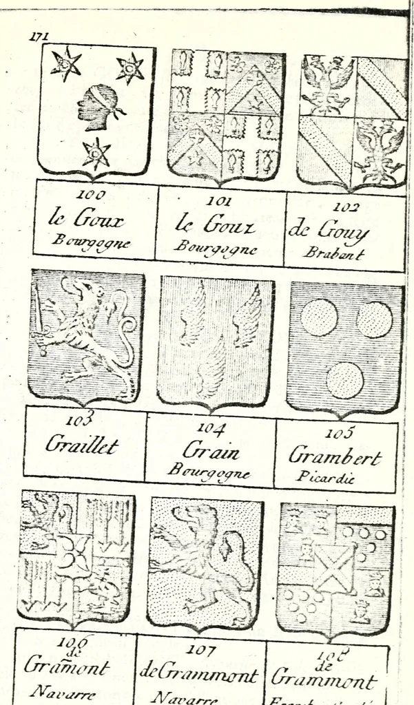 An illustration from Armorial des principales maisons et familles du royaume, particulierement des celles de Paris et de l'Isle de France : contenant les armes des princes, seigneurs, grands officiers de la couronne & de la maison du roi, celles des cours souveraines, &c. avec l'explication de tous les blasons, 1757, leaf 650