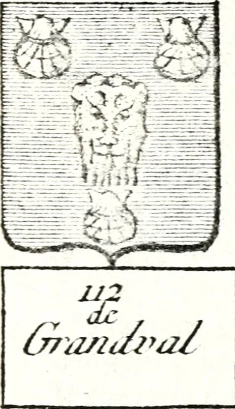 An illustration from Armorial des principales maisons et familles du royaume, particulierement des celles de Paris et de l'Isle de France : contenant les armes des princes, seigneurs, grands officiers de la couronne & de la maison du roi, celles des cours souveraines, &c. avec l'explication de tous les blasons, 1757, leaf 654
