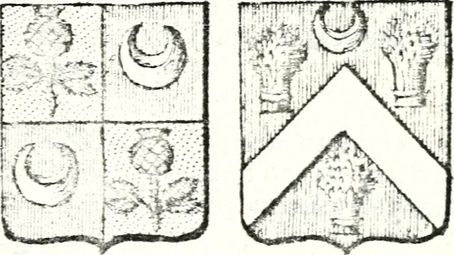 An illustration from Armorial des principales maisons et familles du royaume, particulierement des celles de Paris et de l'Isle de France : contenant les armes des princes, seigneurs, grands officiers de la couronne & de la maison du roi, celles des cours souveraines, &c. avec l'explication de tous les blasons, 1757, leaf 654
