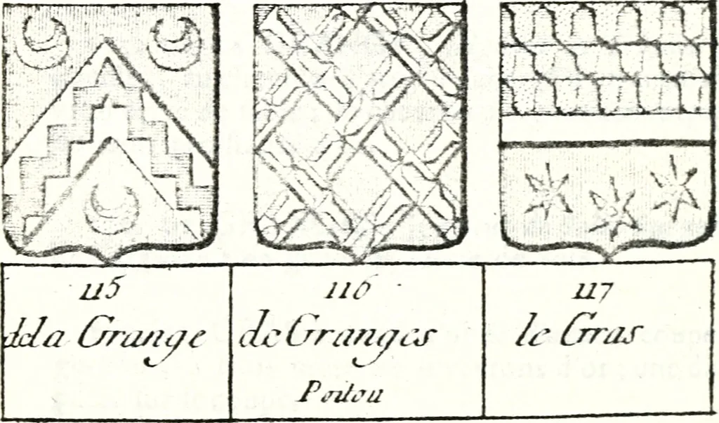 An illustration from Armorial des principales maisons et familles du royaume, particulierement des celles de Paris et de l'Isle de France : contenant les armes des princes, seigneurs, grands officiers de la couronne & de la maison du roi, celles des cours souveraines, &c. avec l'explication de tous les blasons, 1757, leaf 654
