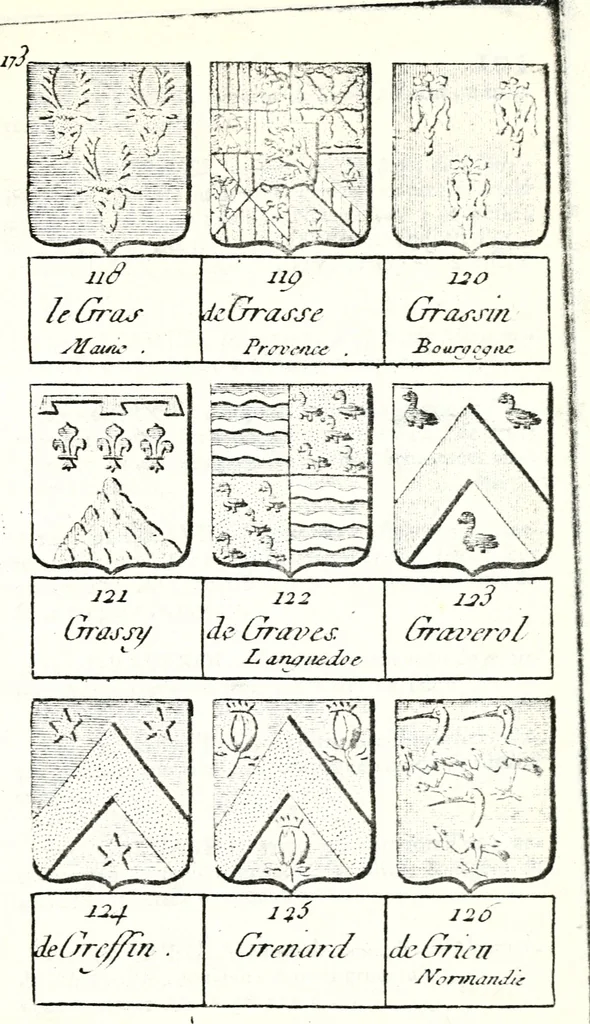 An illustration from Armorial des principales maisons et familles du royaume, particulierement des celles de Paris et de l'Isle de France : contenant les armes des princes, seigneurs, grands officiers de la couronne & de la maison du roi, celles des cours souveraines, &c. avec l'explication de tous les blasons, 1757, leaf 658