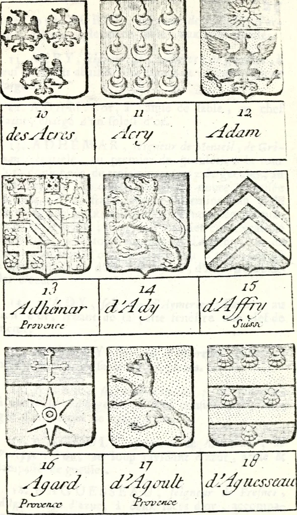 An illustration from Armorial des principales maisons et familles du royaume, particulierement des celles de Paris et de l'Isle de France : contenant les armes des princes, seigneurs, grands officiers de la couronne & de la maison du roi, celles des cours souveraines, &c. avec l'explication de tous les blasons, 1757, leaf 66