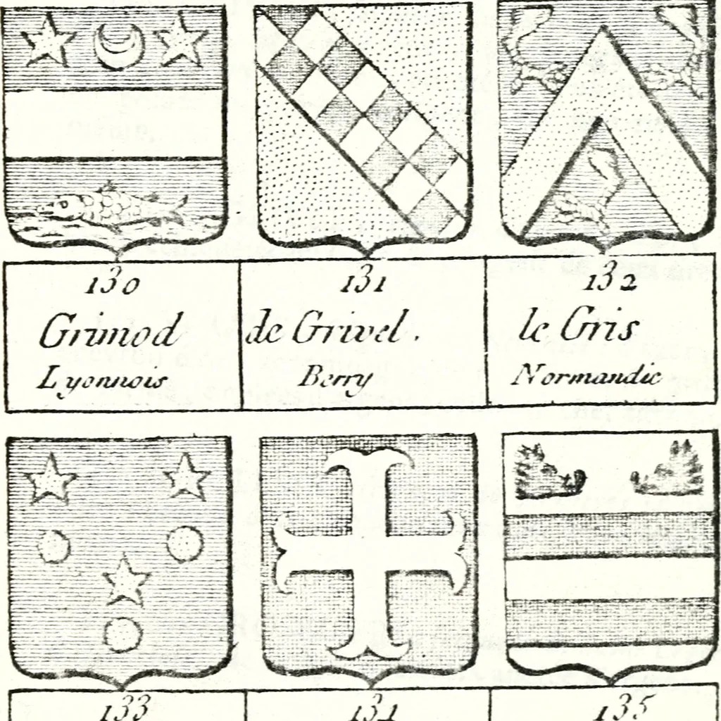 An illustration from Armorial des principales maisons et familles du royaume, particulierement des celles de Paris et de l'Isle de France : contenant les armes des princes, seigneurs, grands officiers de la couronne & de la maison du roi, celles des cours souveraines, &c. avec l'explication de tous les blasons, 1757, leaf 662