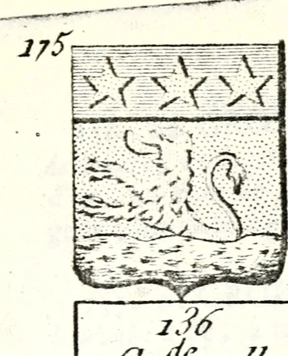 An illustration from Armorial des principales maisons et familles du royaume, particulierement des celles de Paris et de l'Isle de France : contenant les armes des princes, seigneurs, grands officiers de la couronne & de la maison du roi, celles des cours souveraines, &c. avec l'explication de tous les blasons, 1757, leaf 666