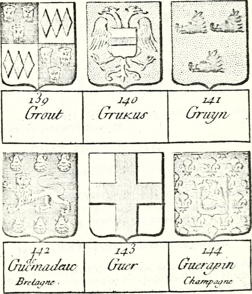 An illustration from Armorial des principales maisons et familles du royaume, particulierement des celles de Paris et de l'Isle de France : contenant les armes des princes, seigneurs, grands officiers de la couronne & de la maison du roi, celles des cours souveraines, &c. avec l'explication de tous les blasons, 1757, leaf 666