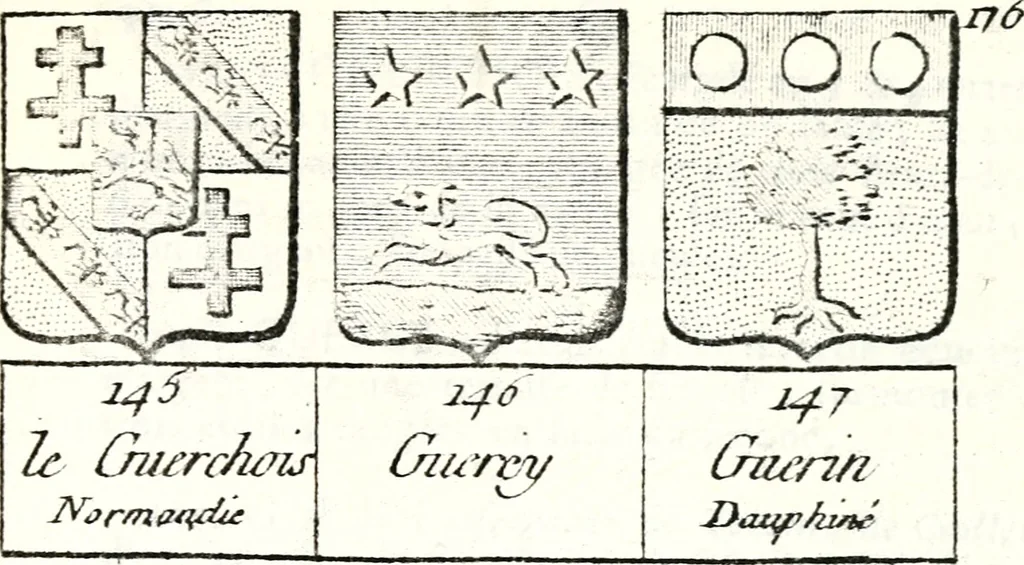 An illustration from Armorial des principales maisons et familles du royaume, particulierement des celles de Paris et de l'Isle de France : contenant les armes des princes, seigneurs, grands officiers de la couronne & de la maison du roi, celles des cours souveraines, &c. avec l'explication de tous les blasons, 1757, leaf 670