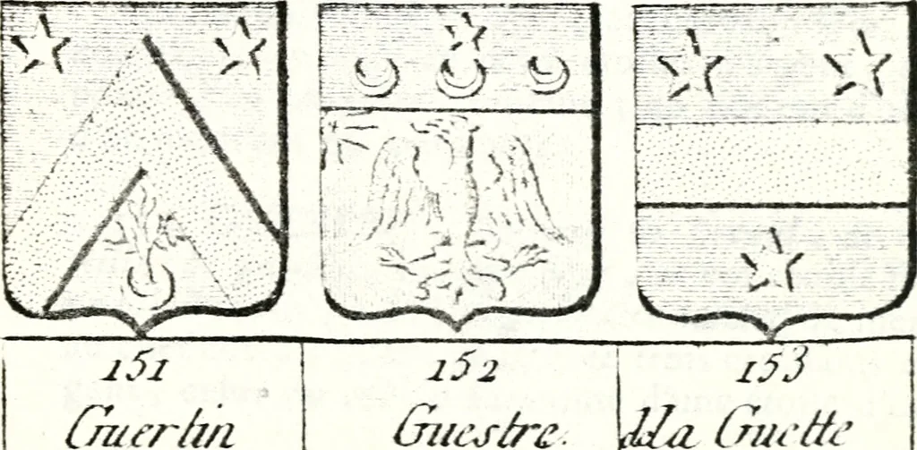 An illustration from Armorial des principales maisons et familles du royaume, particulierement des celles de Paris et de l'Isle de France : contenant les armes des princes, seigneurs, grands officiers de la couronne & de la maison du roi, celles des cours souveraines, &c. avec l'explication de tous les blasons, 1757, leaf 670