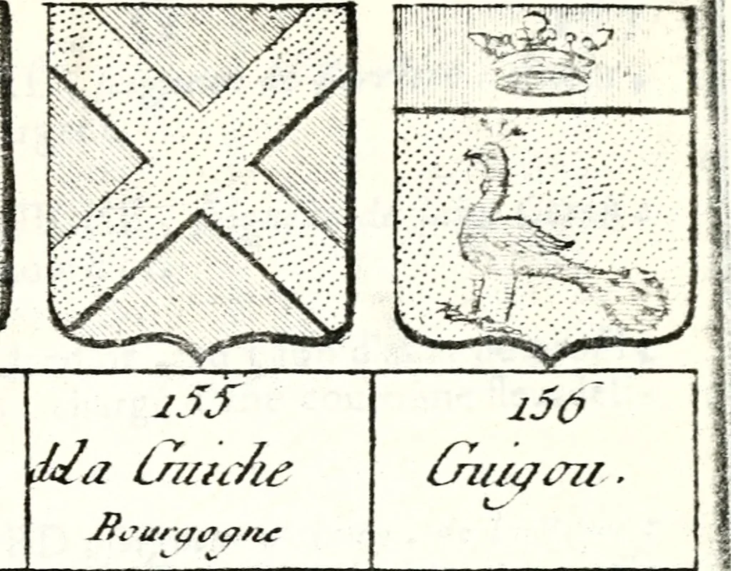 An illustration from Armorial des principales maisons et familles du royaume, particulierement des celles de Paris et de l'Isle de France : contenant les armes des princes, seigneurs, grands officiers de la couronne & de la maison du roi, celles des cours souveraines, &c. avec l'explication de tous les blasons, 1757, leaf 674